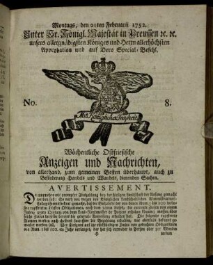No. 8. Montags, den 21ten Februarii 1752.