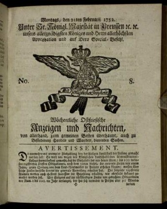 No. 8. Montags, den 21ten Februarii 1752.