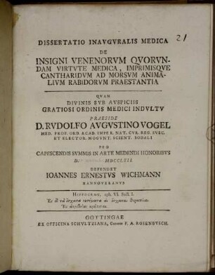 Dissertatio Inavgvralis Medica De Insigni Venenorvm Qvorvndam Virtute Medica, Imprimisqve Cantharidvm Ad Morsvm Animalivm Rabidorvm Praestantia