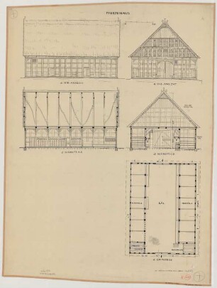 Preußisch Ströhen (Kreis Lübbecke): Hof Nr. 61 [Simon] Rohlfing. Pferdehaus (Grundriss, Ostansicht, Südansicht, Schnitte)