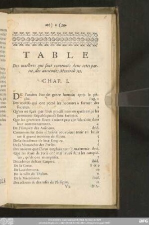 Table Des matieres qui sont contenuës dans cette partie, des aniennes Monarch ies.