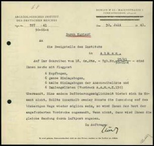 Schreiben; AIDR an DAI Athen (Bürobedarf)