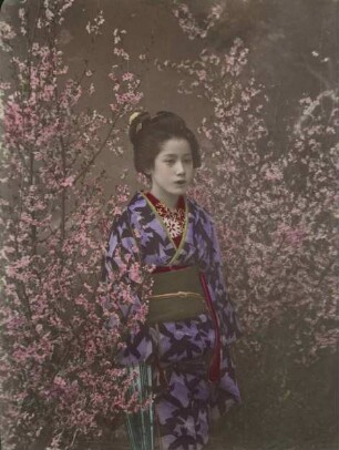 Junge Frau im Kimono zwischen Kirschbaumblütenen