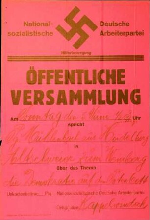 Versammlung der NSDAP-Ortsgruppe Kappelwindeck: Die Demokratie auf dem Totenbett (in Altschweier)