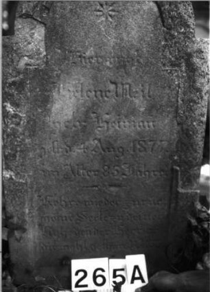 Grabstein 265 (Index: 100085134) Maße HxBxT: 107x55x13 cm Beschreibung: Stele, eingezog. Rundbogenabschl. , Schriftfeld eingetieft: Grabstein 265A