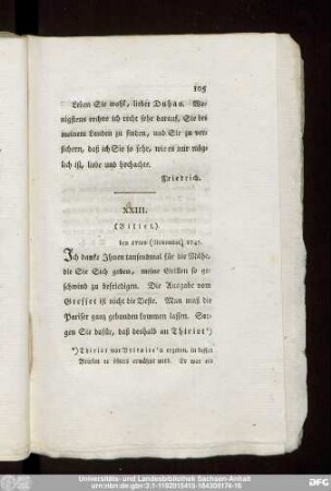 XXIII. (Billet.) den 17ten (November) 1745.