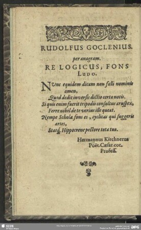 Rudolfus Coclenius. per anagram. Re Logicus, Fons Ludo