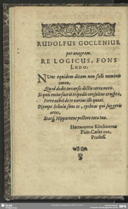 Rudolfus Coclenius. per anagram. Re Logicus, Fons Ludo