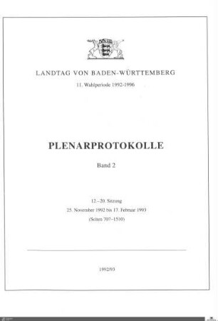 67: Landtag Baden-Württemberg, Protokolle, 1992-1993, Bd. 2