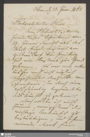 78,5: Brief von Wilhelm Haidinger an Rudolf Benno Wappler [?] vom 31.01.1865 - XVII 907 8. (5)
