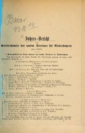 Jahres-Bericht des Landwirthschaftl. Kreisausschusses von Niederbayern : für das Jahr ... 1889