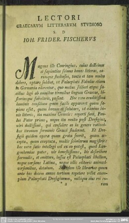 Lectori Graecarum Litterarum Studioso S. D Ioh. Frider. Fischerus