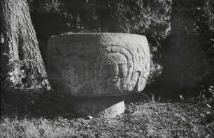 Neustrelitz, Schlosspark : Neustrelitz. Schlosspark bei der Orangerie. Taufbecken (Granit, Ende 13. Jahrhundert)
