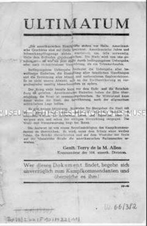 Abwurf-Flugblatt der Alliierten für die Bevölkerung von Halle mit der Aufforderung zur bedingungslosen Kapitulation