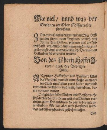 Wie viel/ unnd was vor Personen im Ober Hoffgerichte sitzen sollen.