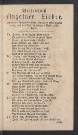Verzeichniß einzelner Lieder, ...