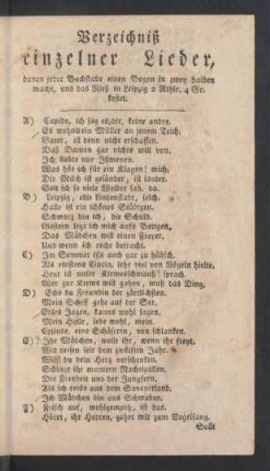 Verzeichniß einzelner Lieder, ...