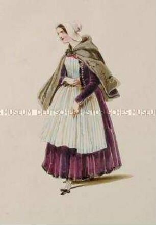 Frau im violetten Kleid mit weißer Schürze und braunem Umhang - Tafel aus Franceschini/Kostümbilder (Kassette 2)
