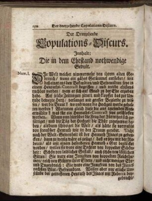 Der Dreyzehende Copulations-Discurs. Innhalt: Die in dem Ehestand nothwendige Gedult - Der Funffzehende Copulations-Discurs. Innhalt: Das Haus-Creutz