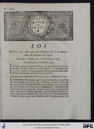 Loi Relative aux Arrérages des Pensions & à la manière dont ils doivent être payés.