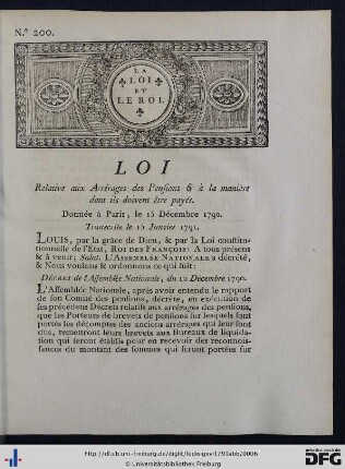 Loi Relative aux Arrérages des Pensions & à la manière dont ils doivent être payés.