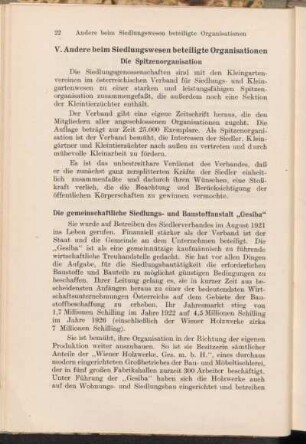 V. Andere beim Siedlungwesen beteiligte Organisationen