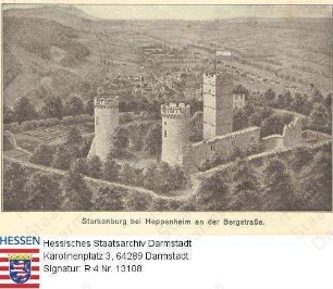 Heppenheim an der Bergstraße, Burgruine Starkenburg / Ansicht mit Blick auf Heppenheim