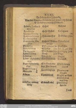 XXXI. De Schola & re Libraria. Von der Schulen/ Büchern vnd seinen zugehören. O Szkole y rzeczach Szkolnych.
