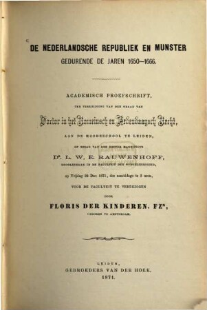 De Nederlandsche Republiek en Munster gedurende de jaren 1650-1666 : Doctordissertation