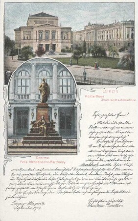 Leipzig: Konzerthaus ; Universitätsbibliothek ; Denkmal Felix Mendelssohn-Bartholdy
