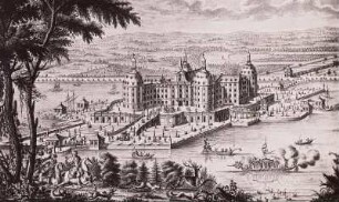 Jagdschloss Moritzburg : Corvinus, Johann A. (1683-1738)): Moritzburg. Gesamtansicht mit Prunkgondel. Stich, 1. Hälfte 19. Jh. (Ausschnitt). Dresden: Kupferstich-Kabinett