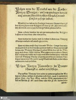 Volgen Hertzog Heinrichs [et]c. zu Braunschweigk [et]c. wider vorschlege