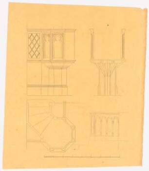 Orgel, Bestuhlung und Kanzel einer Kirche: Detailstudien Kanzel, Ansicht, Grundriss, Schnitt