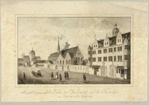 Die Paulinerkirche mit dem Grimmaischen Tor und dem Fürstenhaus (Universität) an der Grimmaischen Straße zur Universitätsstraße (bis 1838 Alter Neumarkt) in Leipzig