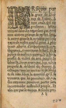 Ordonnance Du Roy, Sur Le Faict Des Traictes De Bledz & Vins de son Royaume, & establissement du bureau à Paris, pour le faict desdictes traictes