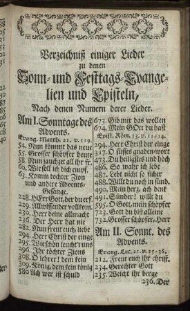Verzeichniß einiger Lieder zu denen Sonn- und Festtags-Evangelien und Episteln, Nach denen Nummern derer Lieder.