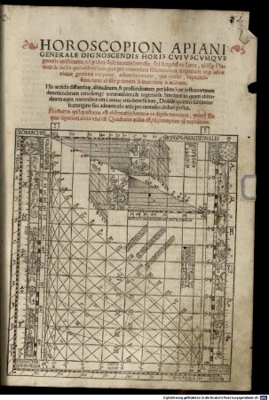 Horoscopion Apiani Generale Dignoscendis Horis Cvivscvmqve generis aptissimum : néq[ue] id ex Sole tantum interdiu, sed & noctu ex Luna, aliisq[ue] Planetis & Stellis quibusdam fixis, quo per vniuersum Rhomanum imperium atq[ue] adèo vbiuis gentium vti queas, adiuncta ratione, qua vtaris, expeditissima, nunc ab illo primum & inuentum & aeditum ; His accedit distantiar[um], altitudinum, & profunditatum per idem hoc instrumentum dimetiendarum ratio longè accuratissima & ingeniosa ... Nocturna quóq[ue] adnexa est obseruatio horaria ex digitis manuum ...