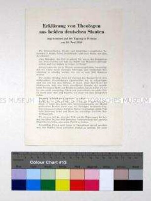 Flugschrift mit dem Text einer Erklärung von Theologen aus der DDR und der Bundesrepublik zur Frage der atomaren Rüstung von einer gemeinsamen Tagung in Weimar