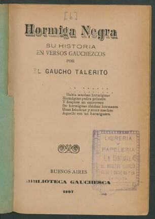 Hormiga Negra : su historia en versos gauchezcos