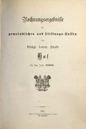 Rechnungsergebnisse der gemeindlichen und Stiftungs-Kassen der k. b. Stadt Hof in den Jahren .... 1888 (1891)