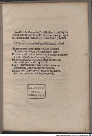 Phoenix seu de artificiosa memoria : mit Gedicht an den Leser von c. Lycinius und Gedicht von Lancelotus Decius und Marcus Picardus