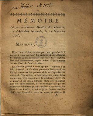 Mémoire lu par le premier ministre des finances à l'assemblée nationale, le 14 Novembre 1789