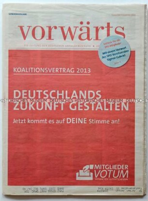 Zeitung der SPD "Vorwärts" mit Titel zur Mitglieder-Abstimmung über den Koalitionsvertrag mit der CDU/CSU für die 18. Legislaturperiode