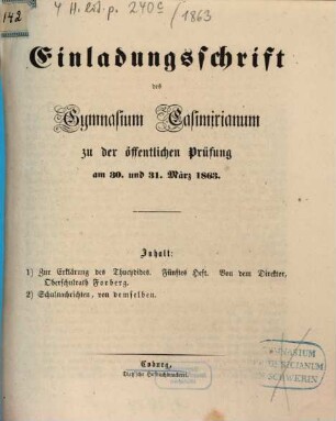 Einladungsschrift des Gymnasium Casimirianum zu Coburg zur Schlußfeier. 1863