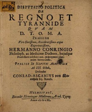 Disputatio Politica De Regno Et Tyrannide