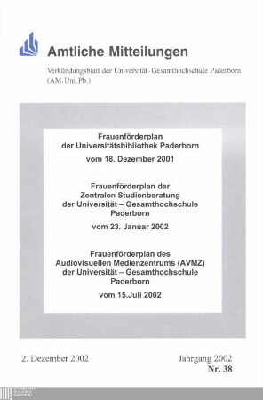 Frauenförderplan der Universitätsbibliothek Paderborn : vom 18. Dezember 2001