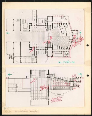 Festspielhaus, Bayreuth: Grundriss und Längsschnitt
