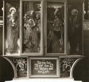 Flügelaltar aus Schneeberg. Scheibenberg, Johanniskiche : Flügelaltar aus Schneeberg (um 1510). Der Märtyrertod von Johannes dem Täufer sowie die heilige Barbara und Judas Thaddäus. Holz, bemalt, farbig gefaßt. Breite des Mittelschreins 143 cm. Gesamtansicht, geschlossen. Scheibenberg, Stadtkirche St. Johannis