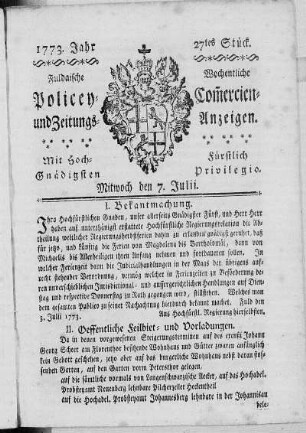 27tes Stück, Ausgabe vom 7. Julii 1773