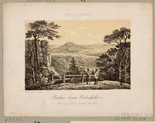 Ausblick beim Prebischtor (Pravčická brána) bei Herrnskretschen (Hřensko, Tschechien) in der Böhmischen Schweiz nach Südosten auf den Rosenberg (Růžovský vrch oder Růžák)